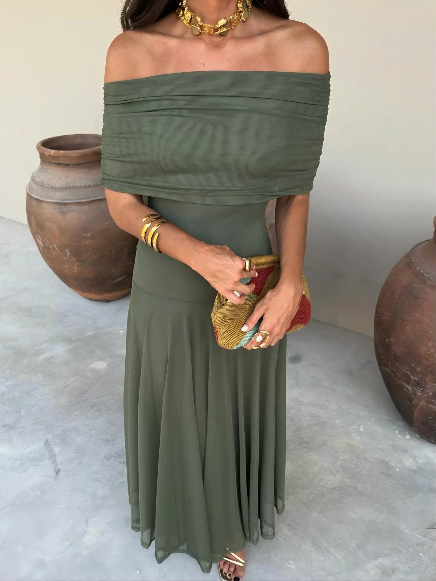 INÉS™ | VESTIDO LARGO DE MALLA ASIMÉTRICO