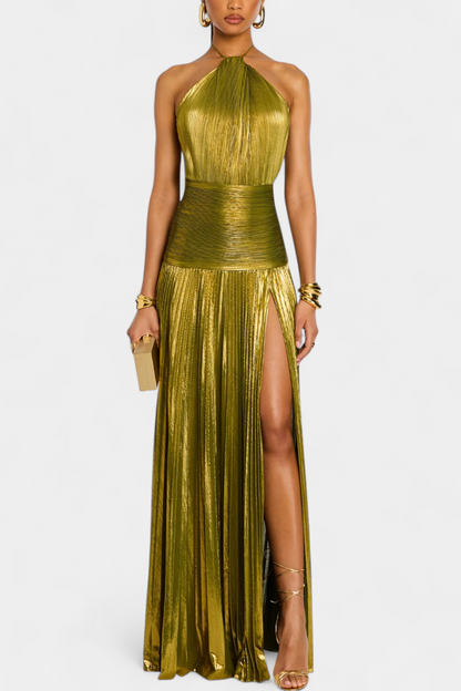 Emma | Vestido halter de espalda descubierta metálico