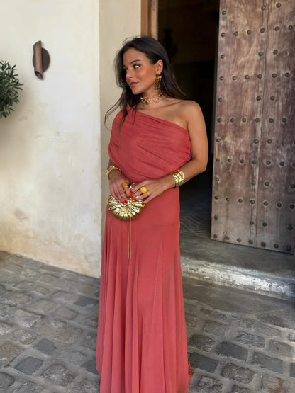 INÉS™ | VESTIDO LARGO DE MALLA ASIMÉTRICO