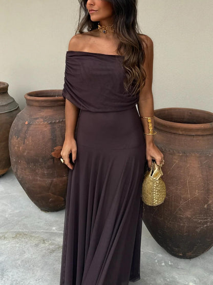 INÉS™ | VESTIDO LARGO DE MALLA ASIMÉTRICO