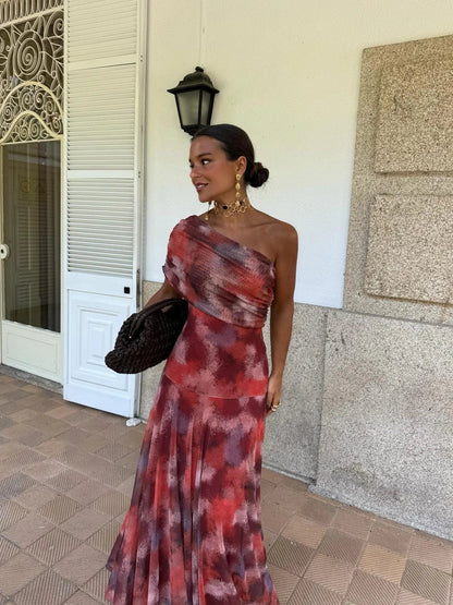 INÉS™ | VESTIDO LARGO DE MALLA ASIMÉTRICO