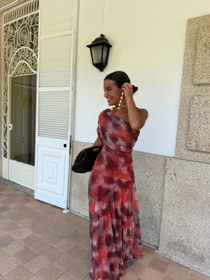 INÉS™ | VESTIDO LARGO DE MALLA ASIMÉTRICO