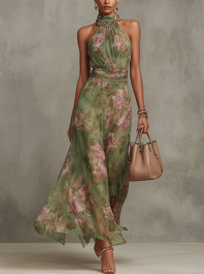 Livia | Vestido Maxi de Escote Halter Floral