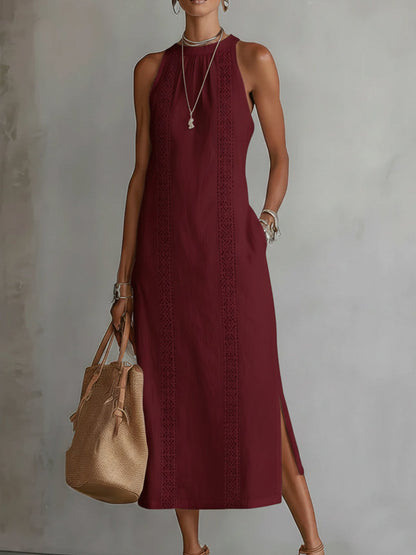 VEGA™ | VESTIDO MIDI DE LINO CUELLO MAO