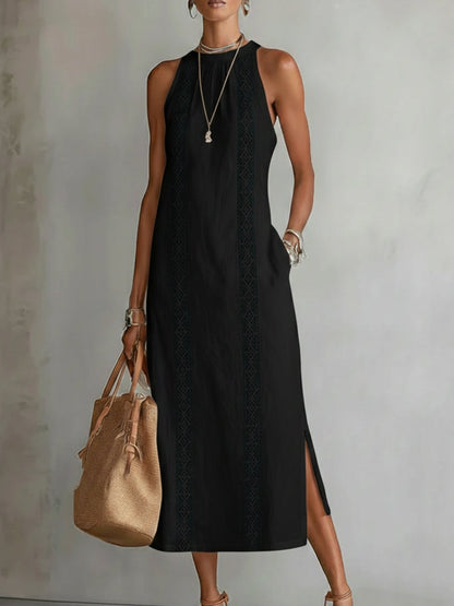 VEGA™ | VESTIDO MIDI DE LINO CUELLO MAO