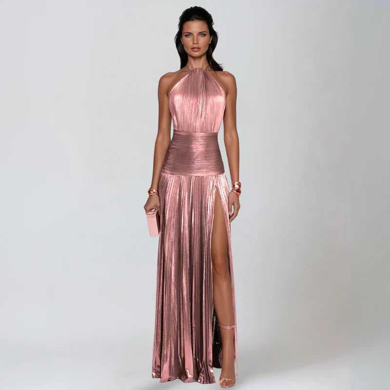 Emma | Vestido halter de espalda descubierta metálico