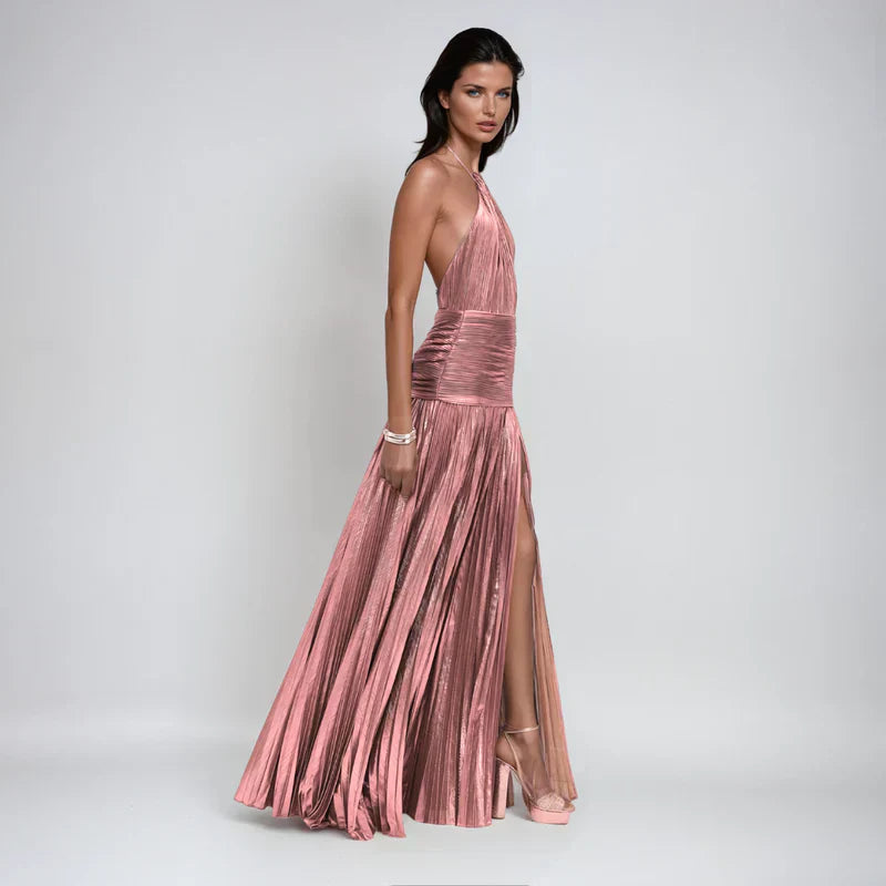 Emma | Vestido halter de espalda descubierta metálico