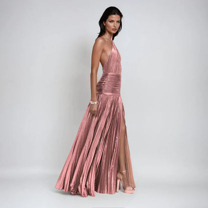 Emma | Vestido halter de espalda descubierta metálico